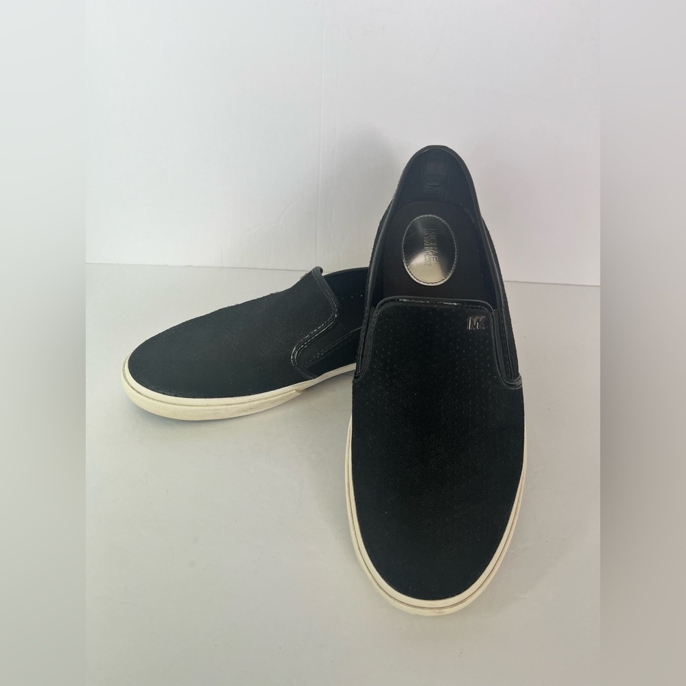 Michael Kors Brett Black Suede Perforated Slip On Cushioned Comfort Sneaker Shoe